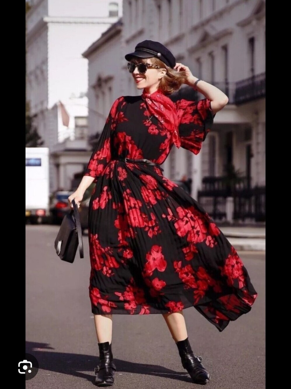 H&M Floral Pleated Midi Dress Red & Black Long Flare Sleeve Elastic Waist Size 2
